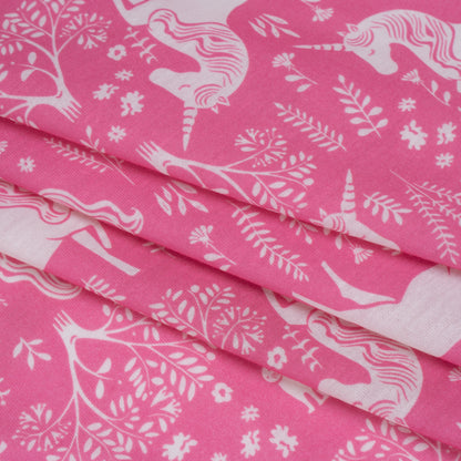 Recycled Polyester Jersey - Pink and White Unicorn Woodland - Deadstock