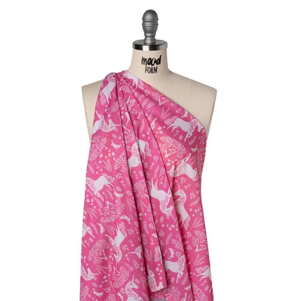 Recycled Polyester Jersey - Pink and White Unicorn Woodland - Deadstock