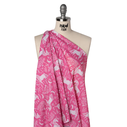 Recycled Polyester Jersey - Pink and White Unicorn Woodland - Deadstock