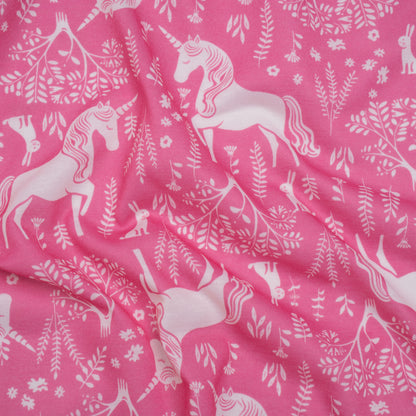 Recycled Polyester Jersey - Pink and White Unicorn Woodland - Deadstock