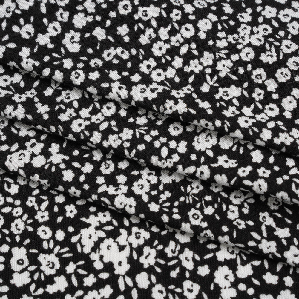 Stretch Rayon Jersey - Black and White Little Flowers - Deadstock