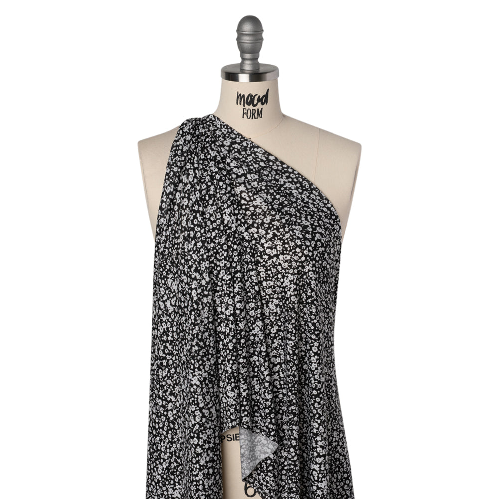 Stretch Rayon Jersey - Black and White Little Flowers - Deadstock