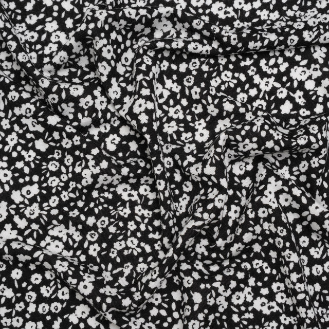 Stretch Rayon Jersey - Black and White Little Flowers - Deadstock