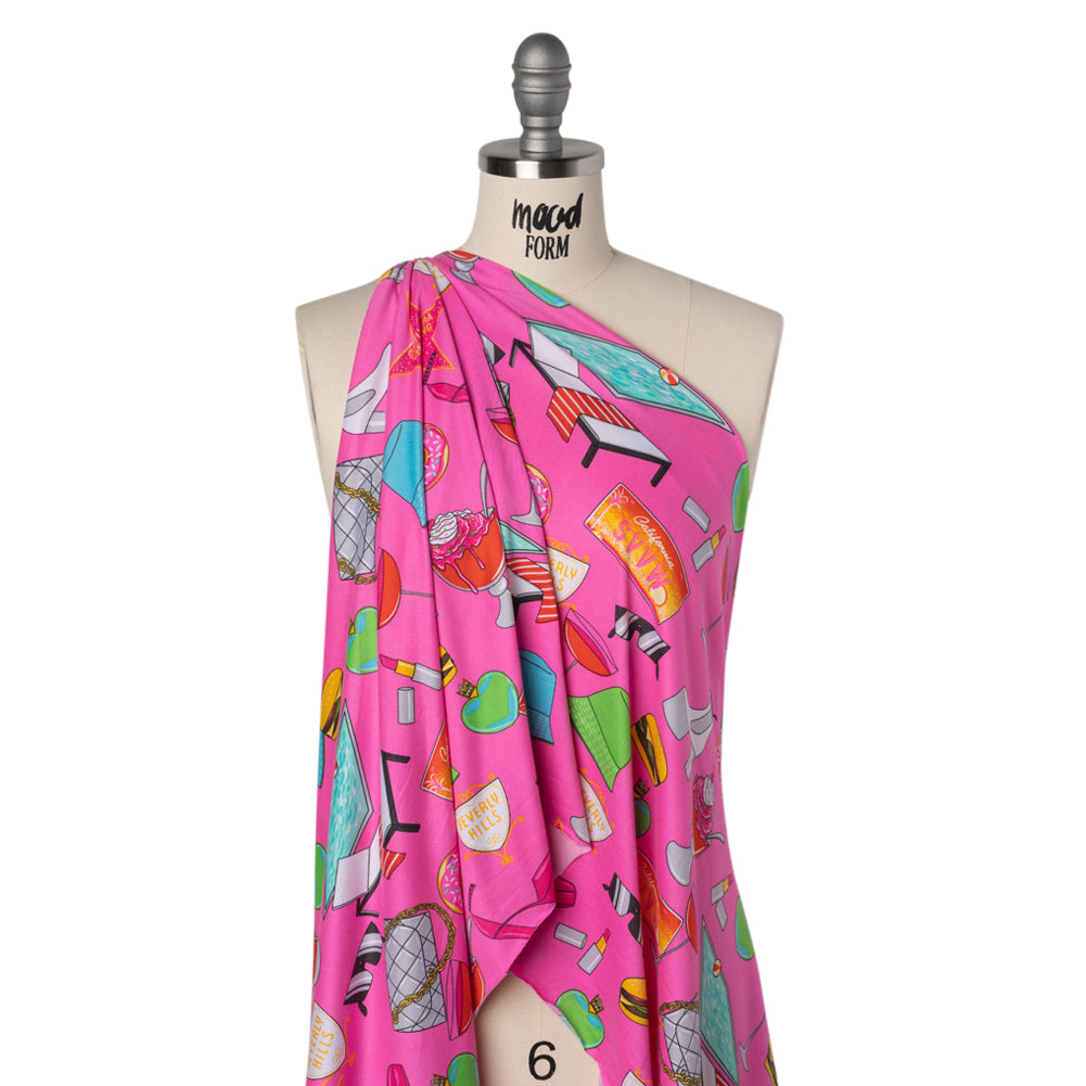 Stretch Polyester ITY Jersey by Vera Wang - Fuchsia, Green and Orange California Dreaming Icons - Designer Deadstock