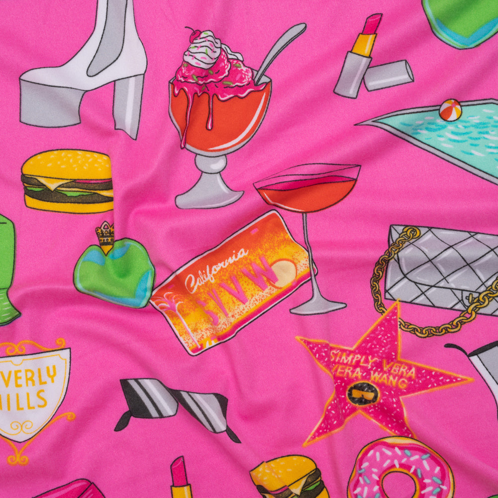 Stretch Polyester ITY Jersey by Vera Wang - Fuchsia, Green and Orange California Dreaming Icons - Designer Deadstock