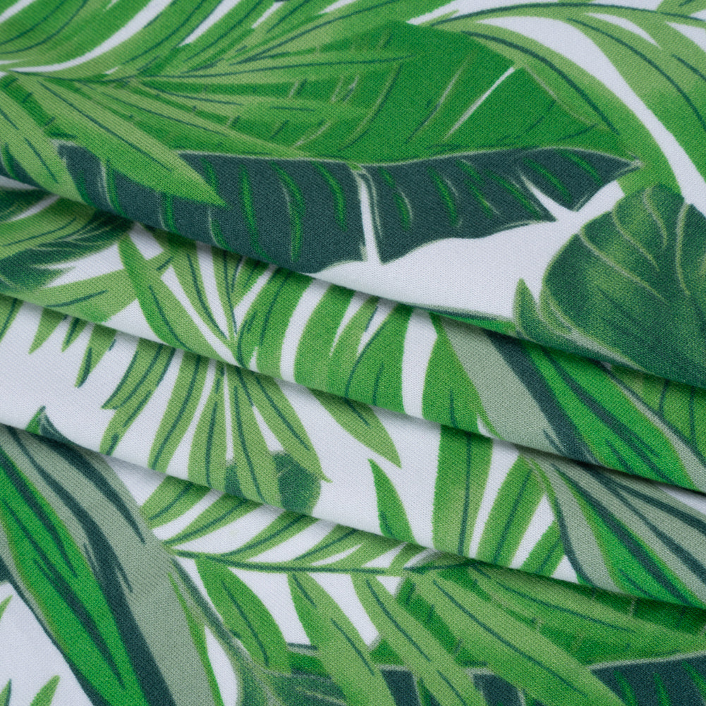 Stretch Polyester ITY Jersey by Vera Wang - Kelly Green and White Palm Leaves - Designer Deadstock
