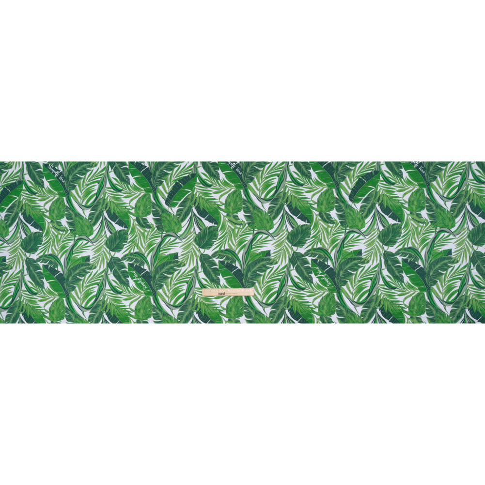 Stretch Polyester ITY Jersey by Vera Wang - Kelly Green and White Palm Leaves - Designer Deadstock