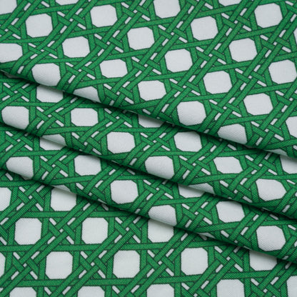 Stretch Polyester ITY Jersey - Kelly Green and White Wicker Basket Lattice - Deadstock