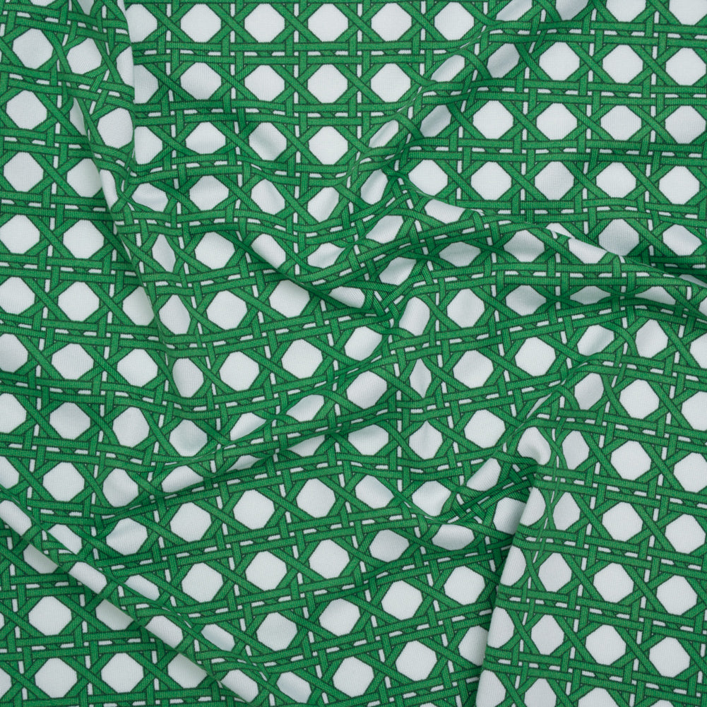 Stretch Polyester ITY Jersey - Kelly Green and White Wicker Basket Lattice - Deadstock