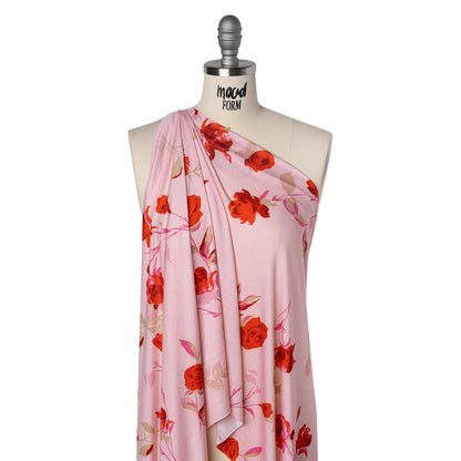 Stretch Rayon Jersey by Vera Wang - Pink and Red Roses - Designer Deadstock