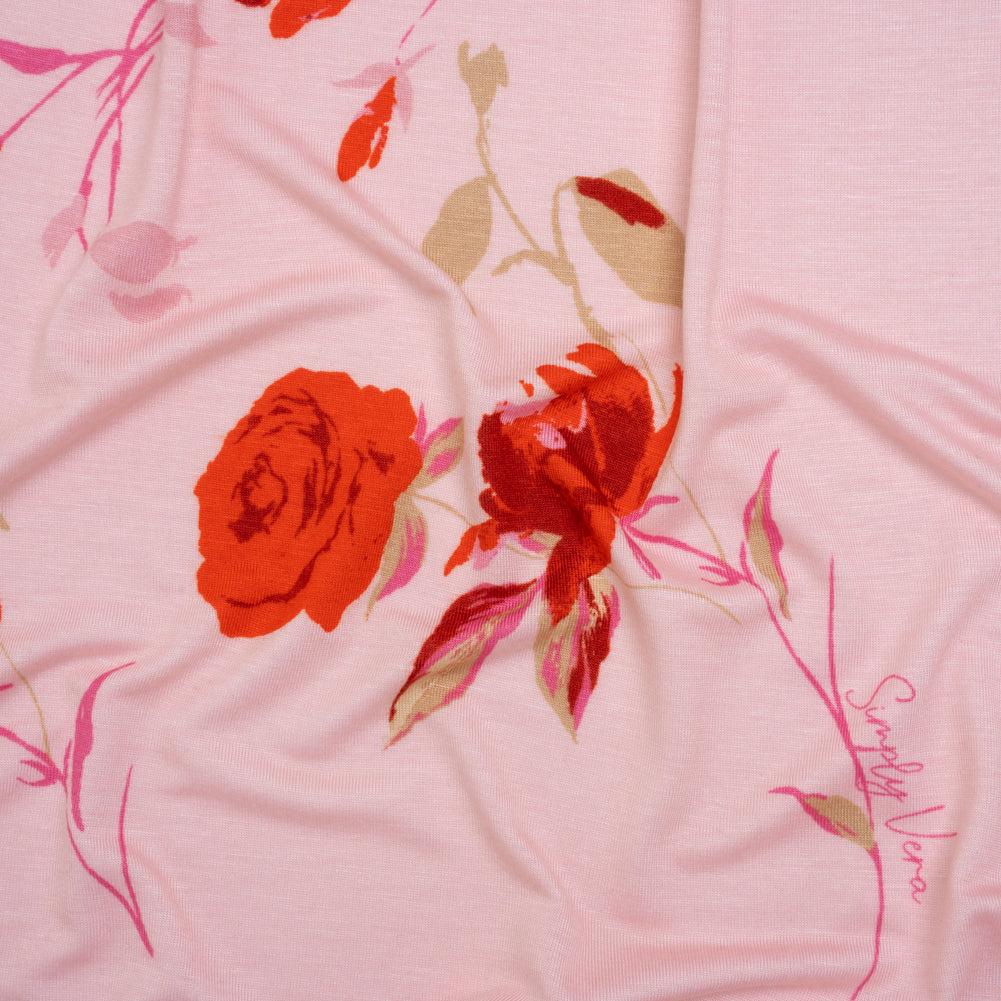 Stretch Rayon Jersey by Vera Wang - Pink and Red Roses - Designer Deadstock