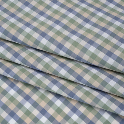 Cotton Shirting - Balsam Green, Muted Blue and Beige Plaid - Deadstock