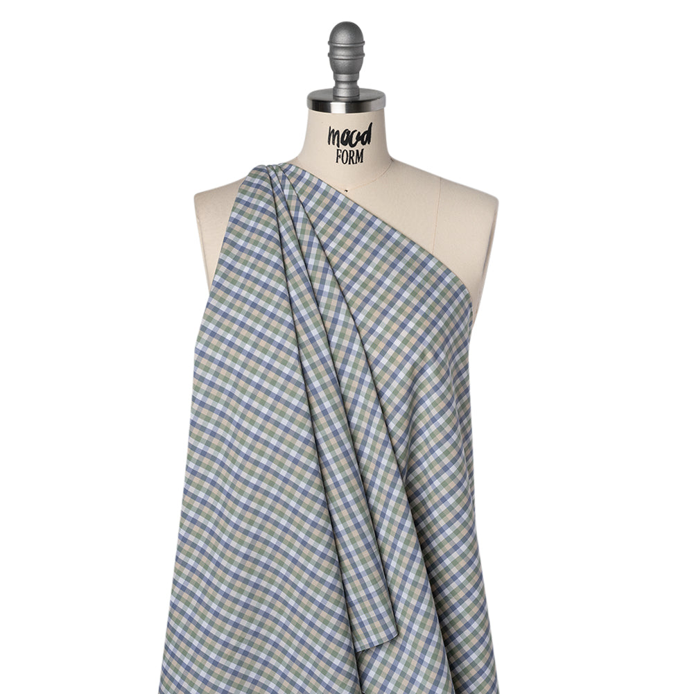 Cotton Shirting - Balsam Green, Muted Blue and Beige Plaid - Deadstock