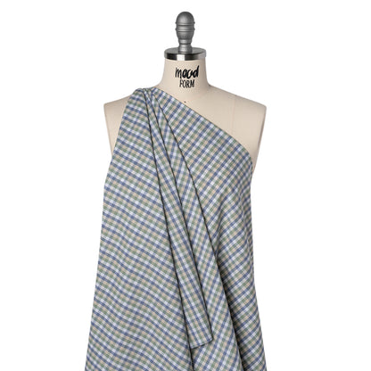 Cotton Shirting - Balsam Green, Muted Blue and Beige Plaid - Deadstock