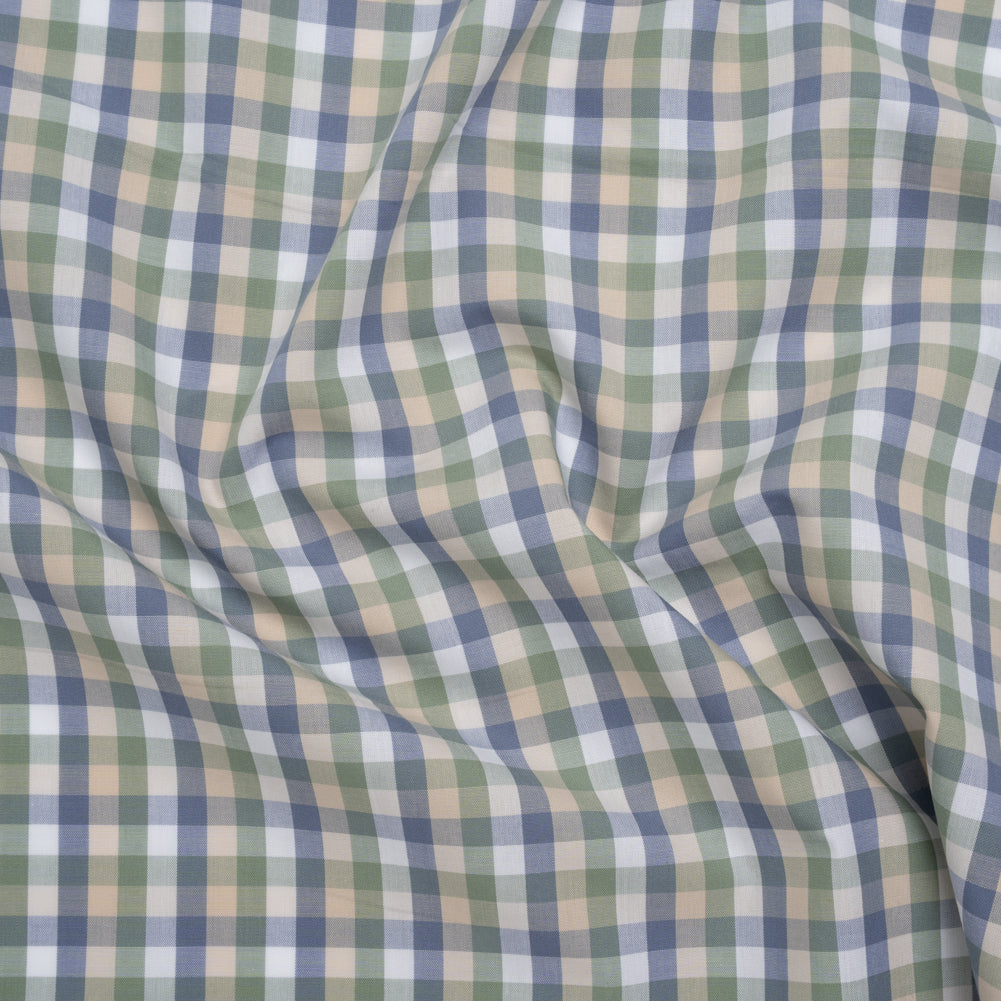 Cotton Shirting - Balsam Green, Muted Blue and Beige Plaid - Deadstock