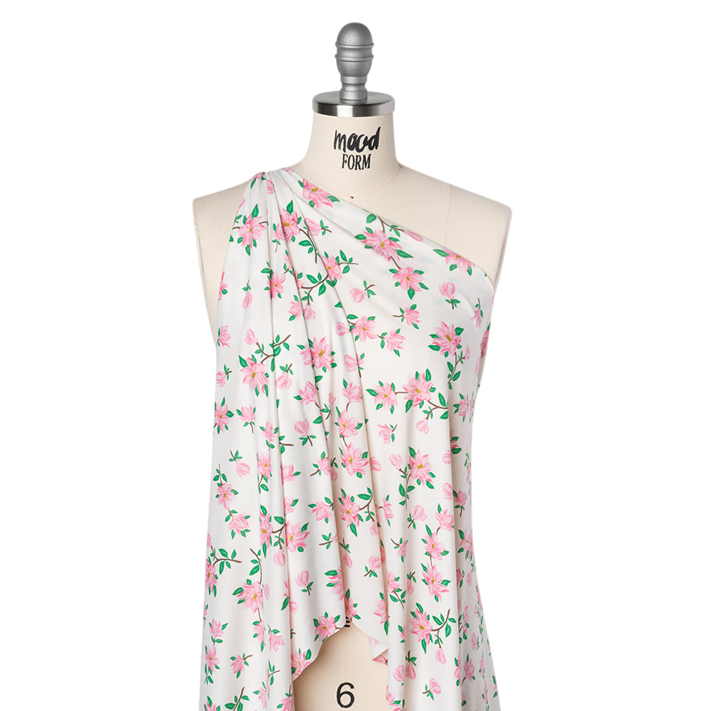 Stretch Polyester ITY Jersey - Ivory and Pink Florals - Deadstock