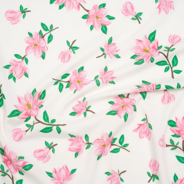 Stretch Polyester ITY Jersey - Ivory and Pink Florals - Deadstock
