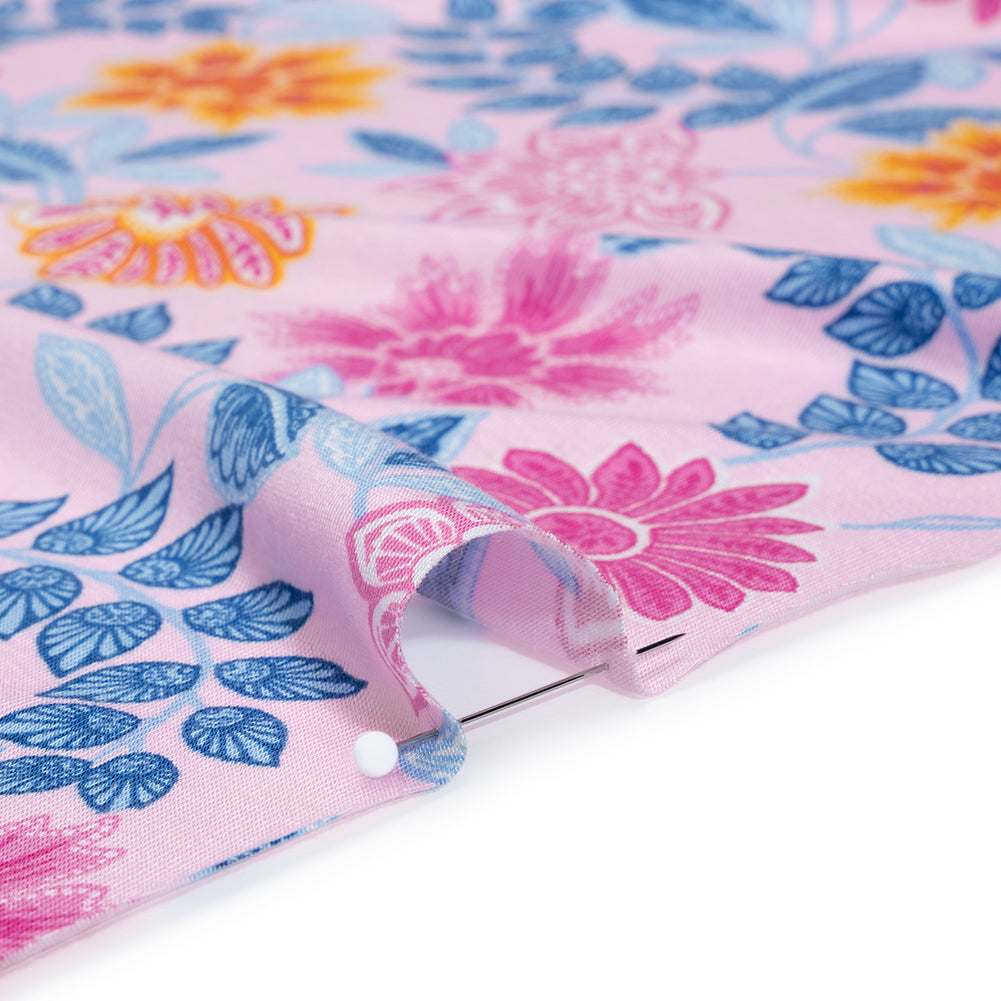 Stretch Rayon Jersey - Pink, Blue and Golden Yellow Paisley Floral - Deadstock