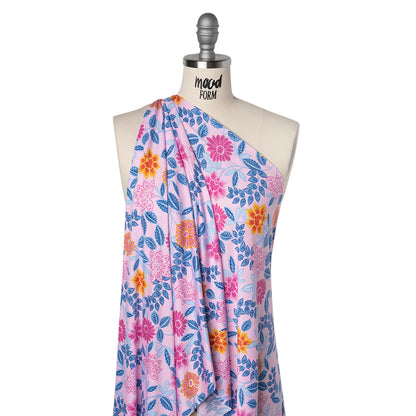 Stretch Rayon Jersey - Pink, Blue and Golden Yellow Paisley Floral - Deadstock