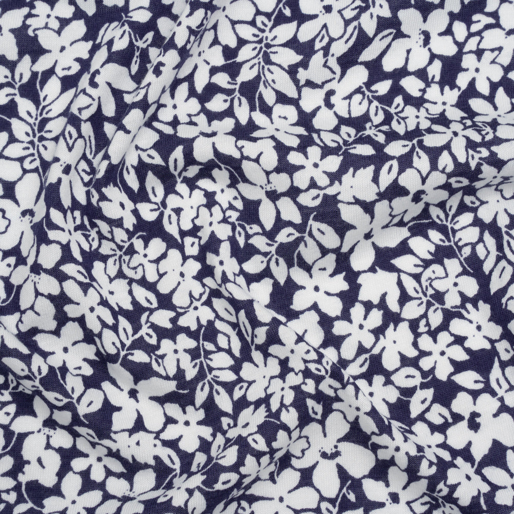 Cotton and Viscose Jersey - Navy Blue and White All Over Floral - Deadstock