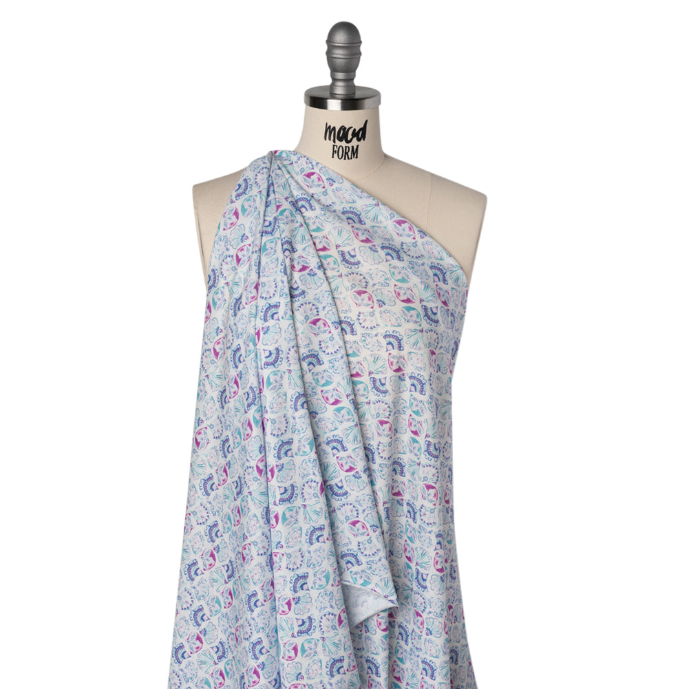 Cotton and Polyester Jersey - Mint Green, Blue and Magenta Seashells - Deadstock