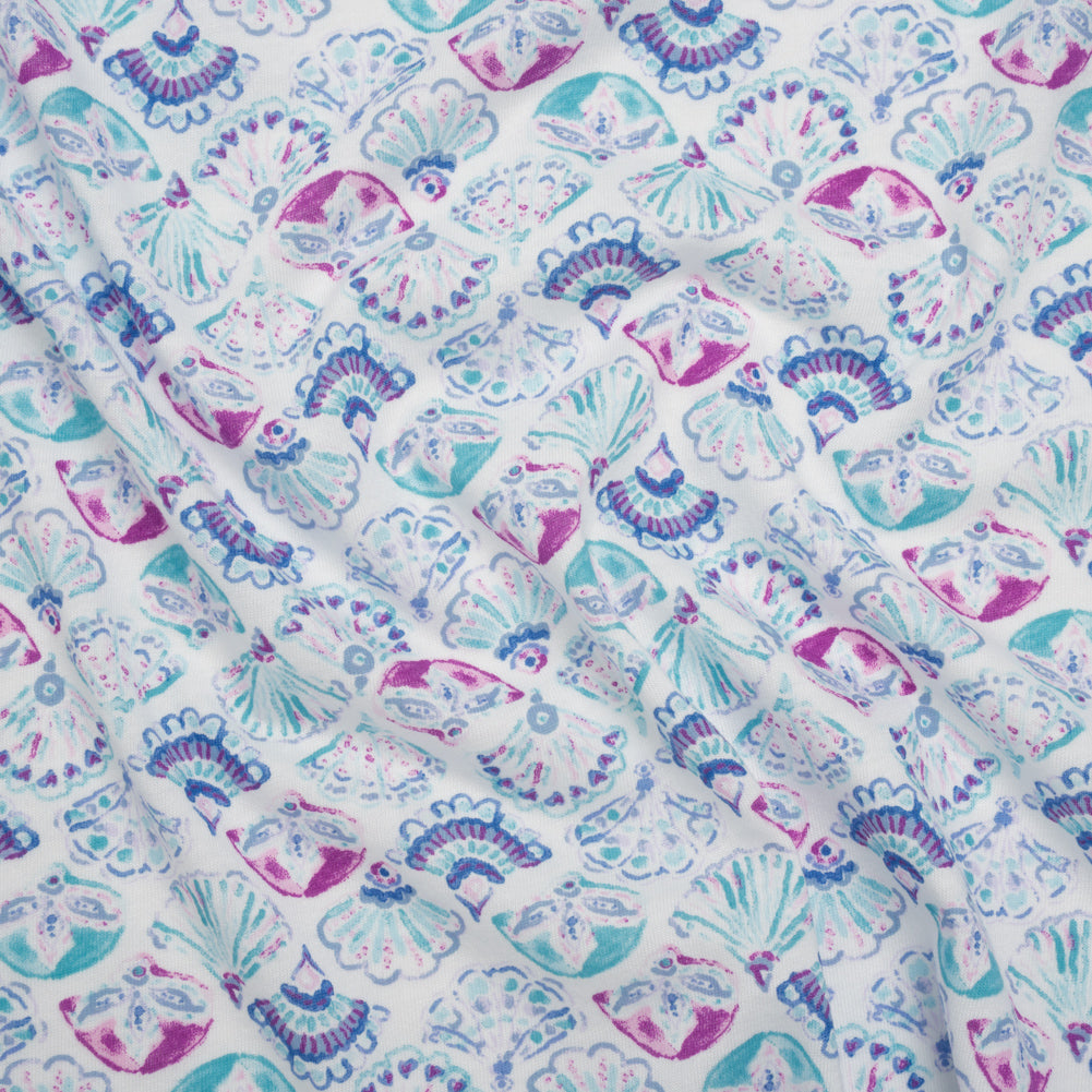 Cotton and Polyester Jersey - Mint Green, Blue and Magenta Seashells - Deadstock