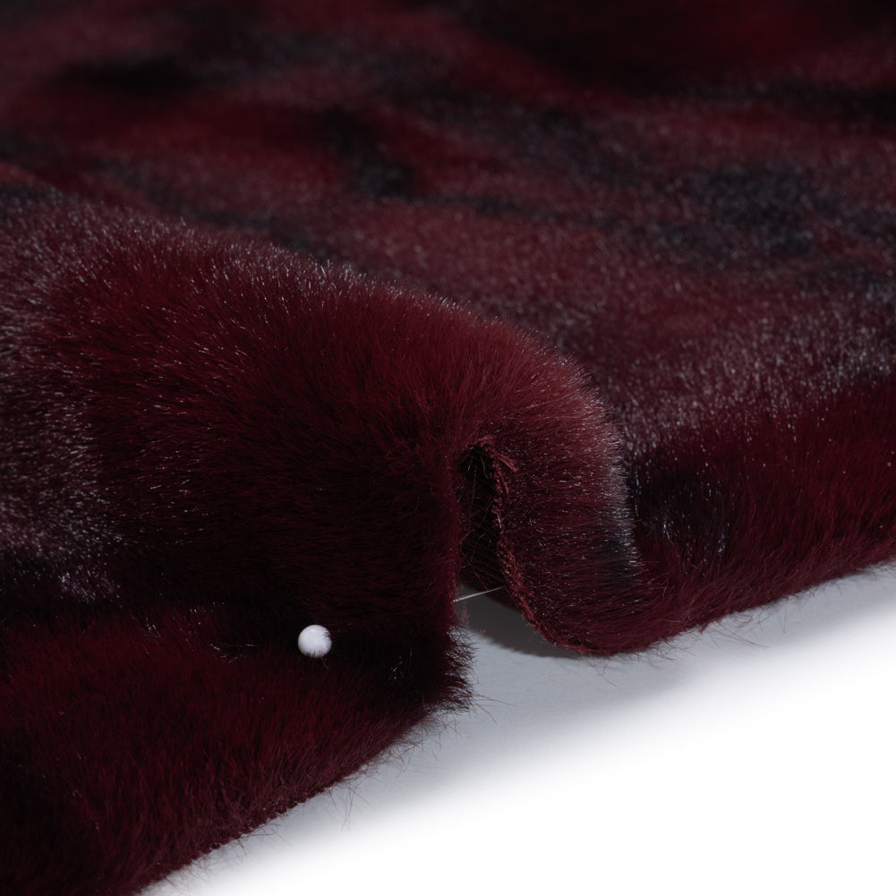 Medium Pile Recycled Polyester Faux Fur by Max Alexander - Burgundy and Black Abstract Detail