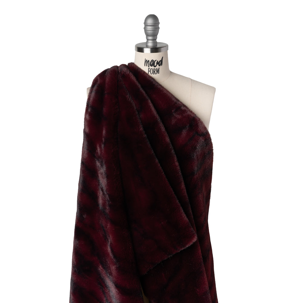 Medium Pile Recycled Polyester Faux Fur by Max Alexander - Burgundy and Black Abstract Drape