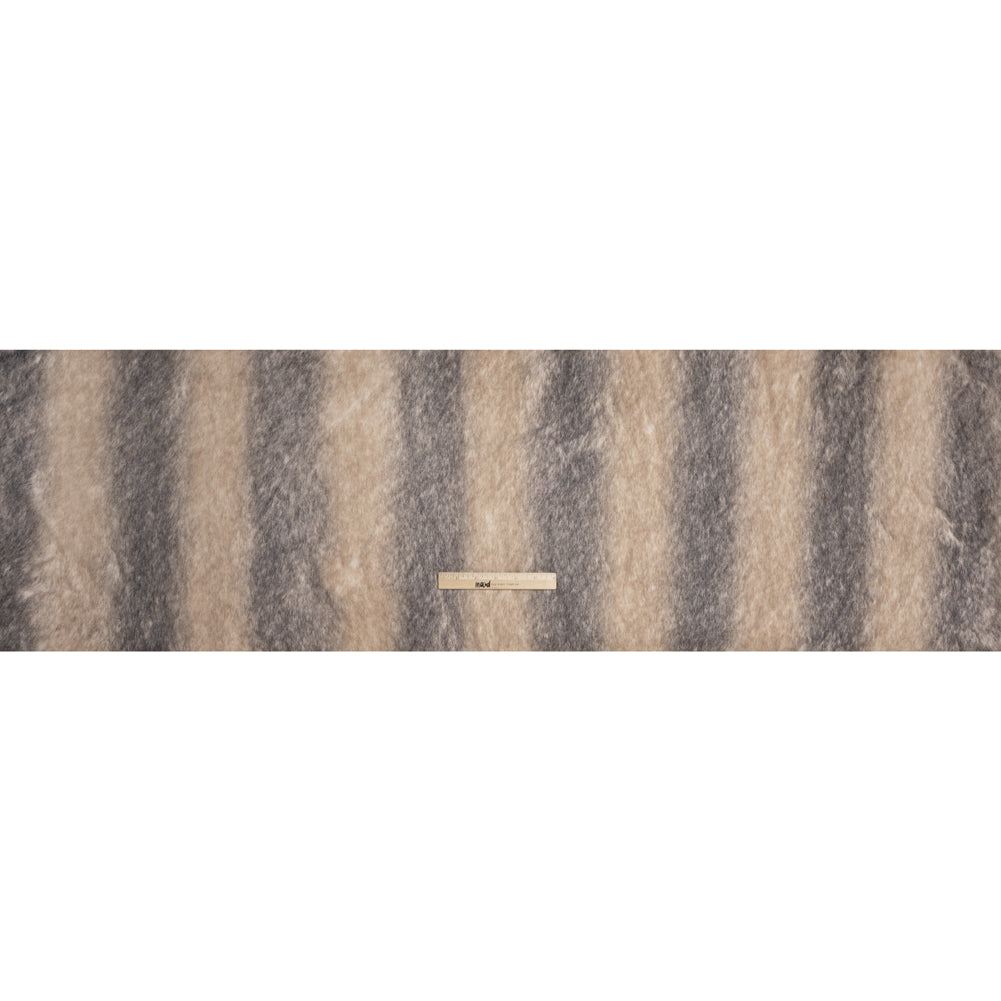 Plush Three-Tone Long Pile Recycled Polyester Faux Fur - Ivory, Tan and Charcoal Soft Stripes