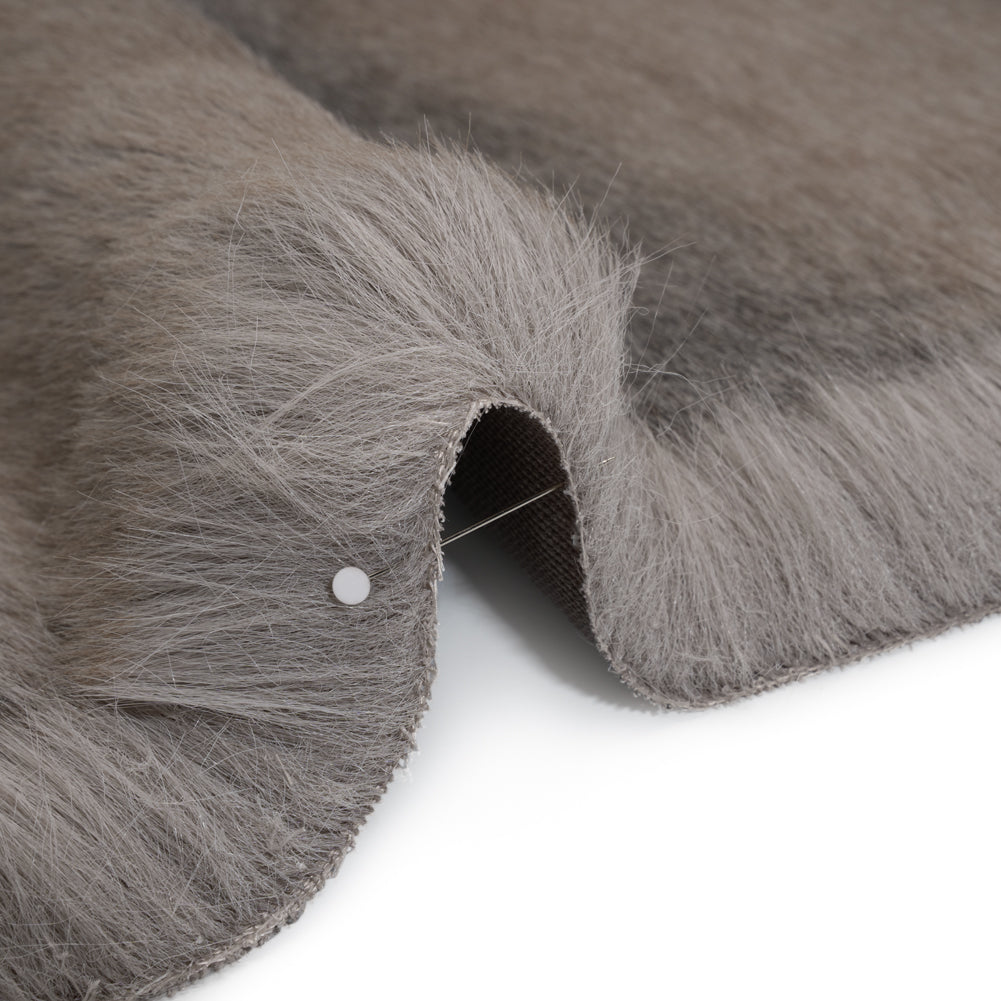 Plush Three-Tone Long Pile Recycled Polyester Faux Fur - Gray, Tan and Charcoal Soft Stripes - Detail