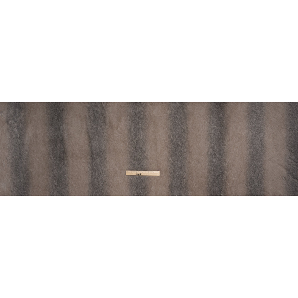 Plush Three-Tone Long Pile Recycled Polyester Faux Fur - Gray, Tan and Charcoal Soft Stripes - Full