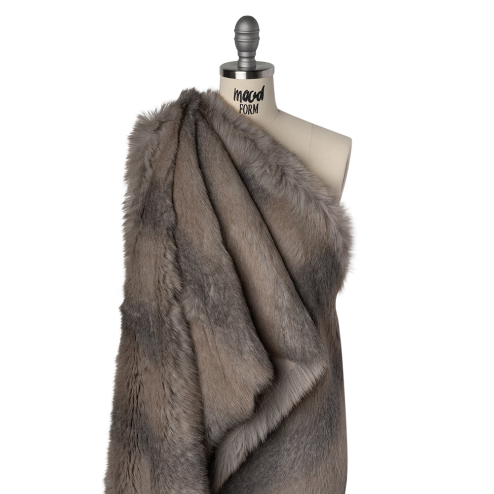 Plush Three-Tone Long Pile Recycled Polyester Faux Fur - Gray, Tan and Charcoal Soft Stripes - Drape