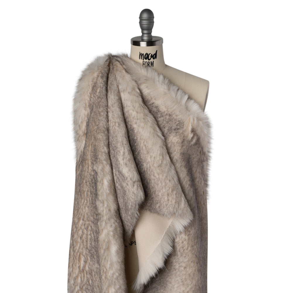 Plush Two-Tone Long Pile Recycled Polyester Faux Fur - Ivory and Charcoal - Drape