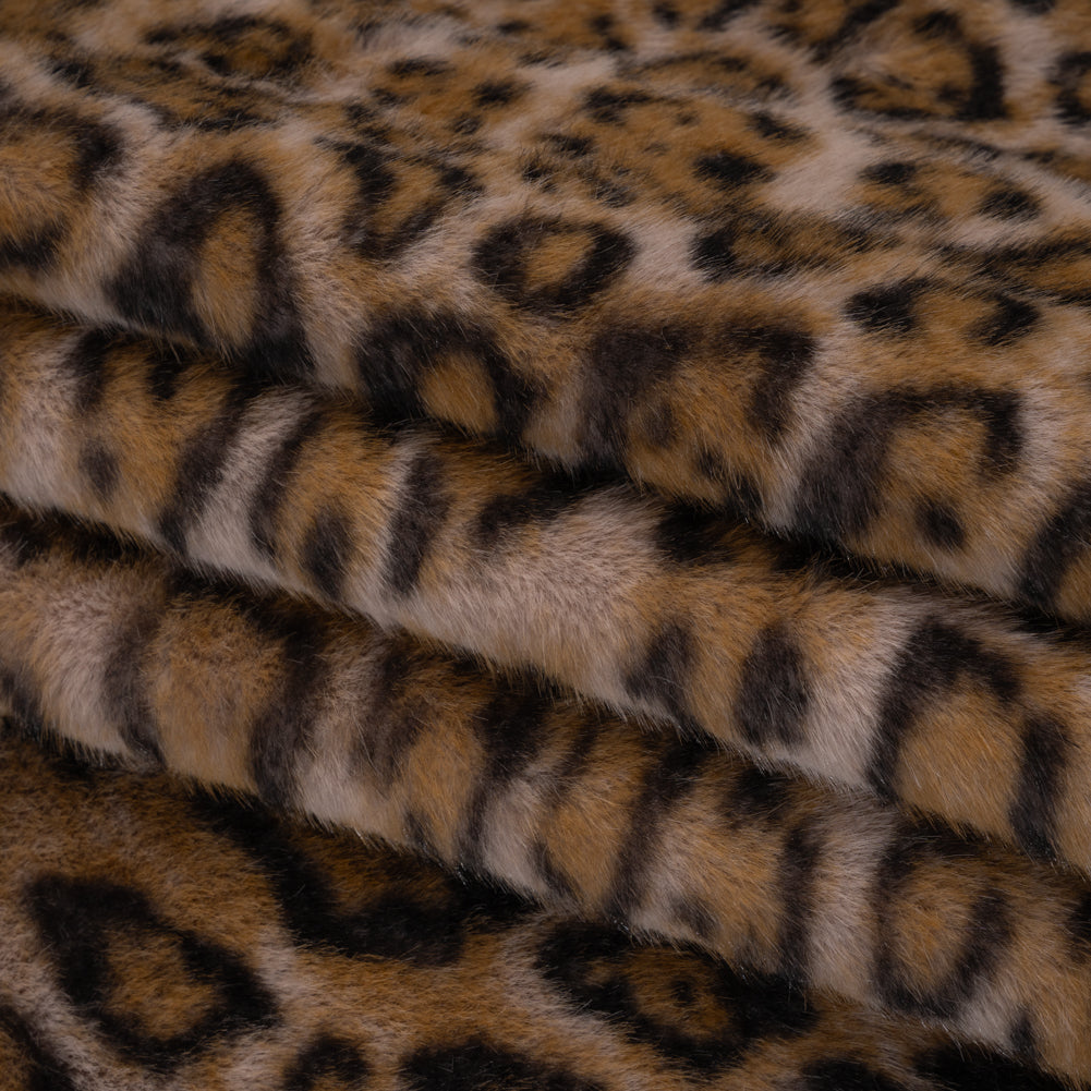 Short Pile Recycled Polyester Faux Fur Print by Max Alexander - Beige, Chocolate Brown and Warm Gray Leopard Spots Folded