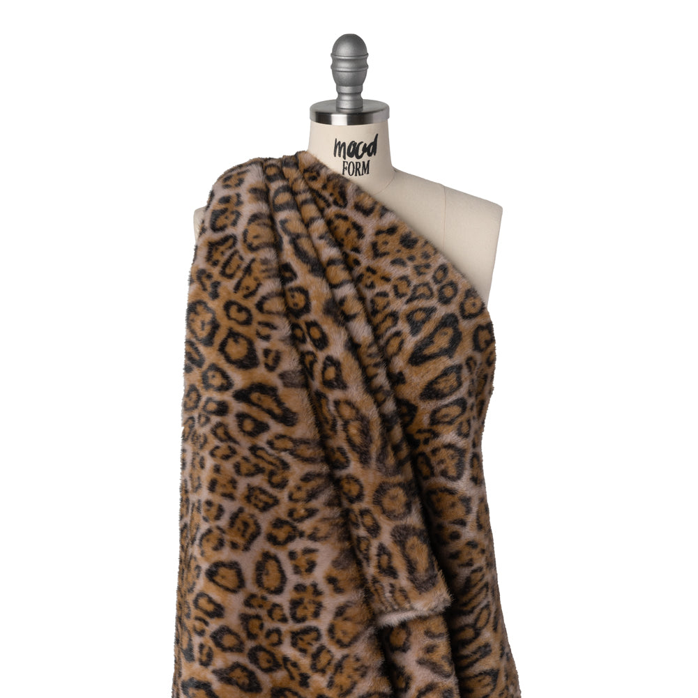 Short Pile Recycled Polyester Faux Fur Print by Max Alexander - Beige, Chocolate Brown and Warm Gray Leopard Spots Drape