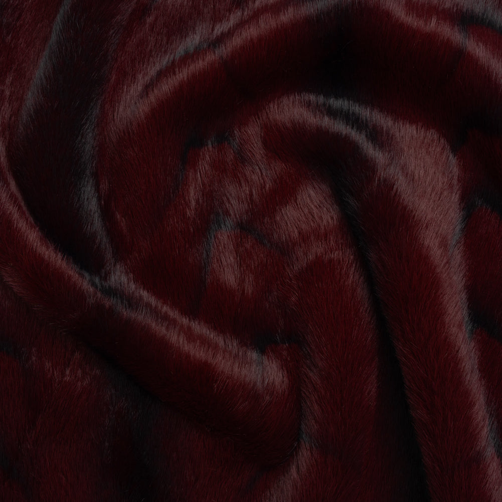 Plush Short Pile Recycled Polyester Faux Fur - Burgundy and Black Woodgrain Print