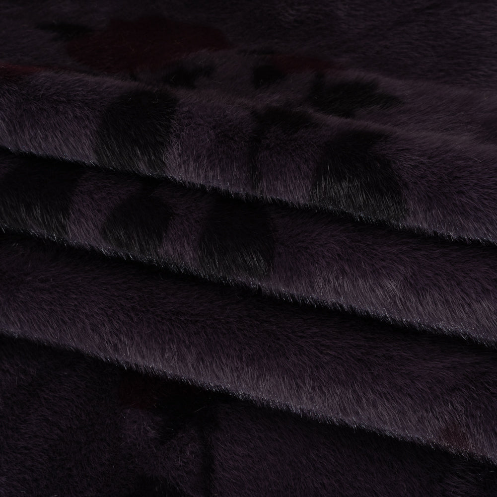 Plush Short Pile Recycled Polyester Faux Fur - Dark Purple, Charcoal and Burgundy Floral Print - Folded