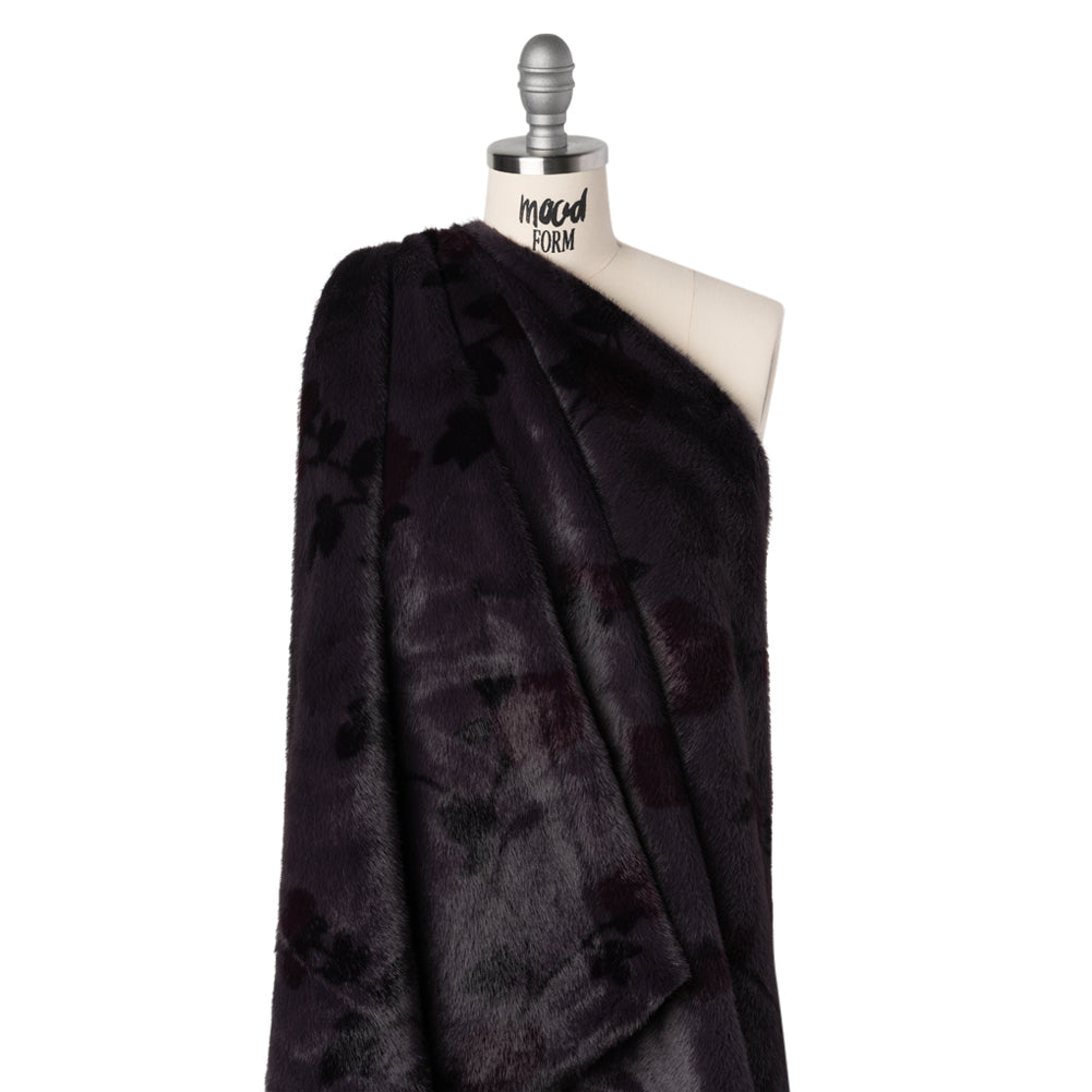 Plush Short Pile Recycled Polyester Faux Fur - Dark Purple, Charcoal and Burgundy Floral Print - Drape