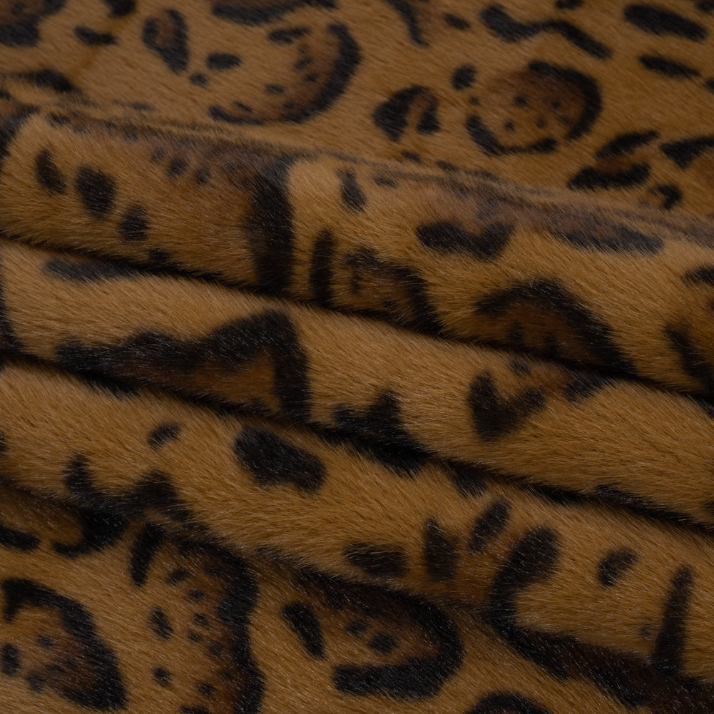 Plush Short Pile Recycled Polyester Faux Fur - Tan, Brown and Black Animal Spots Print Folded