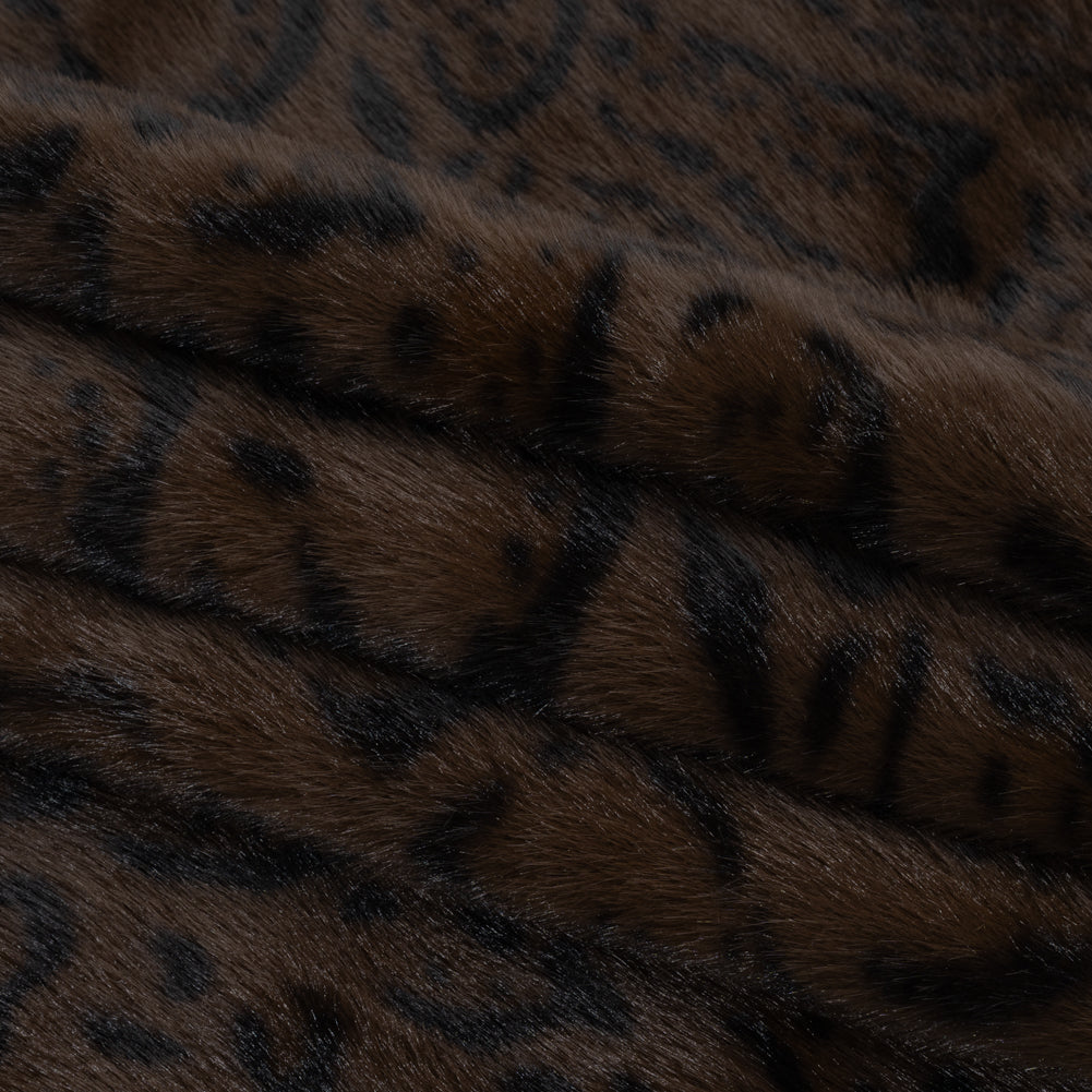 Plush Short Pile Recycled Polyester Faux Fur - Chocolate Brown and Black Animal Print - Folded