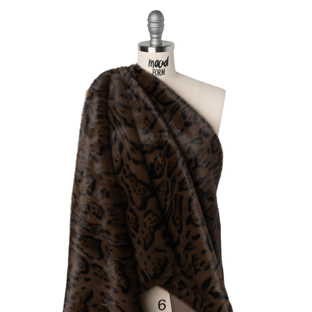 Plush Short Pile Recycled Polyester Faux Fur - Chocolate Brown and Black Animal Print - Drape