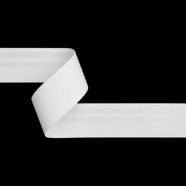 Nylon Elastic Trim with Satin Stripes and Ribbing Made in Italy - 1.625" - White