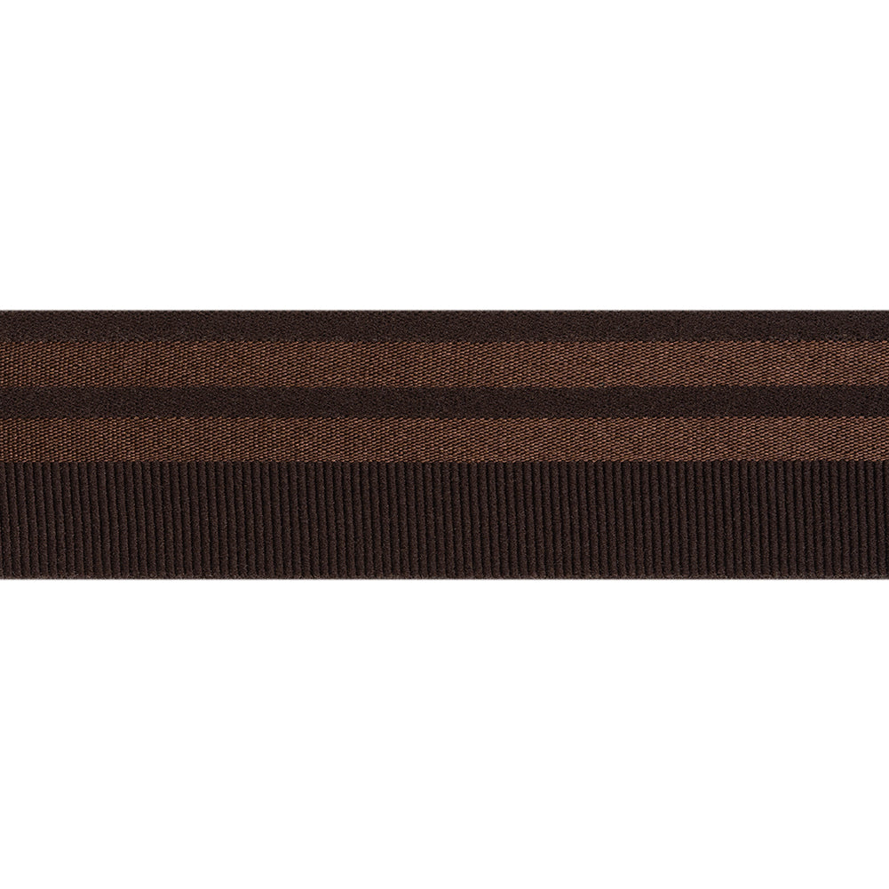Nylon Elastic Trim with Satin Stripes and Ribbing Made in Italy - 1.625" - Brown