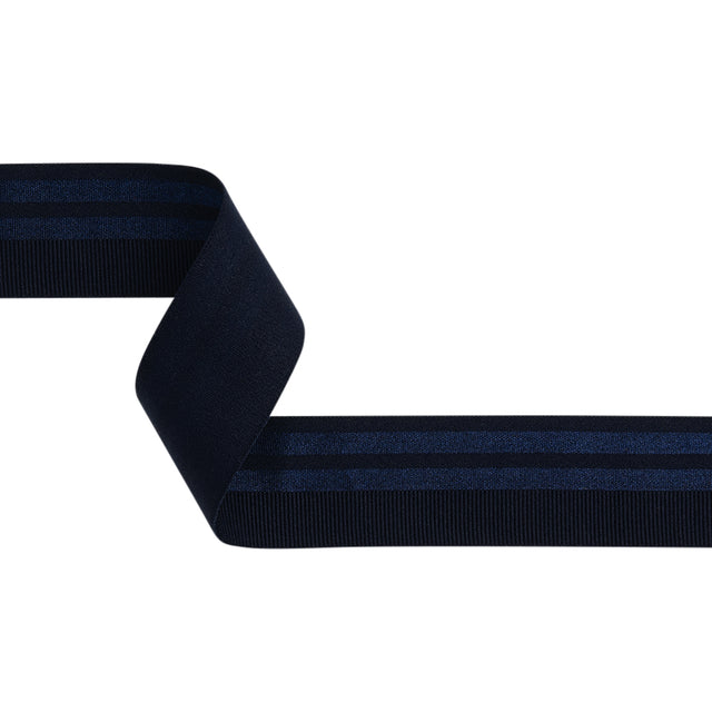 Nylon Elastic Trim with Satin Stripes and Ribbing Made in Italy - 1.625" - Navy