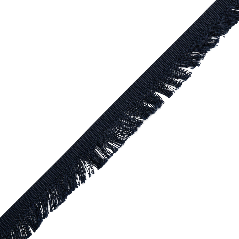 Cotton Grosgrain Ribbon with Fringe Made in Italy - 0.875" - Navy Folded