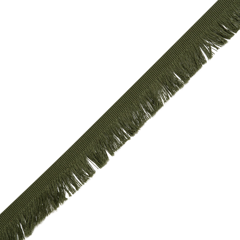 Cotton Grosgrain Ribbon with Fringe Made in Italy - 0.875" - Olive Green Folded