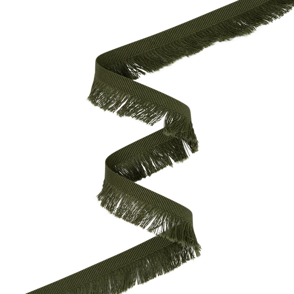 Cotton Grosgrain Ribbon with Fringe Made in Italy - 0.875" - Olive Green
