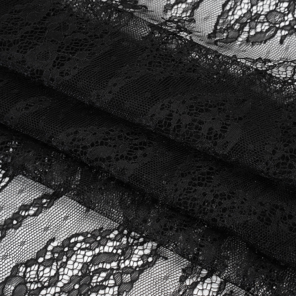 Raschel Lace with Finished Edges - Black Floral Lozenges - Deadstock