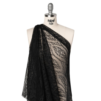 Raschel Lace with Finished Edges - Black Floral Lozenges - Deadstock