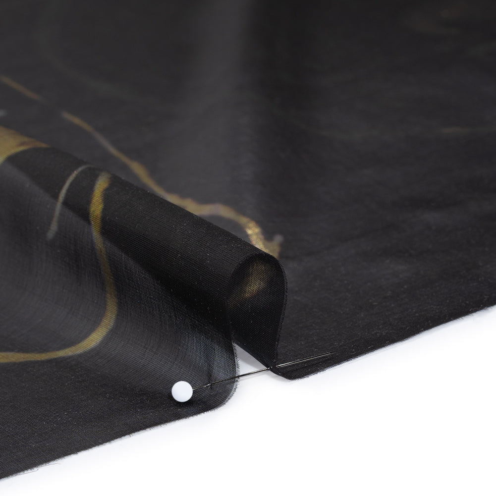 Metallic Silk Lame - Black, Silver and Gold Classical Swirls - Deadstock